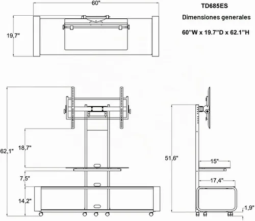 Vista 5 de TransDeco TD685ES - Soporte de TV con soporte y rueda para TV de 35 a 85 pulgadas, color espresso/negro
