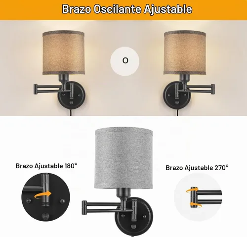 Vista 7 de GOODATE Apliques de pared regulables, lámpara de pared con brazo oscilante, juego de dos apliques de pared, lámpara de pared enchufable, juego de 2