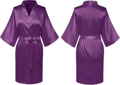Vista 5 de Bata de satén para mujer, corta, sedosa, para dama de honor, novia, despedida de soltera, ropa para dormir