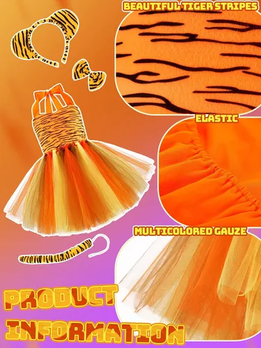 Vista 4 de Jiuguva Disfraz de animal de 4 piezas para Halloween, para fiestas infantiles, incluye tutú, diadema, orejas, corbatín y cola para cosplay (tigre)