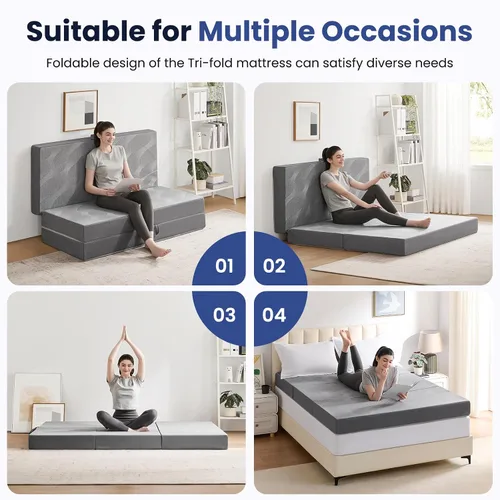 Vista 6 de Colchón plegable de espuma viscoelástica de 6 pulgadas, color gris Colchón plegable tamaño Queen, sofá cama plegable con funda lavable, colchón