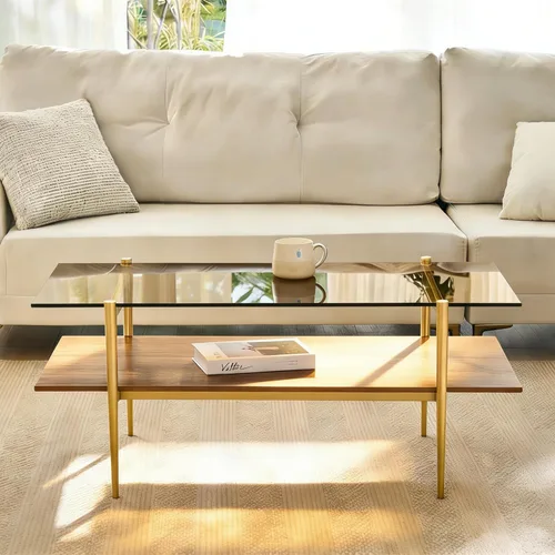 Vista 3 de Shrine - Mesa de café rectangular, diseño moderno de mediados de siglo, estructura de 2 niveles, parte superior de vidrio ámbar y estante de MDF