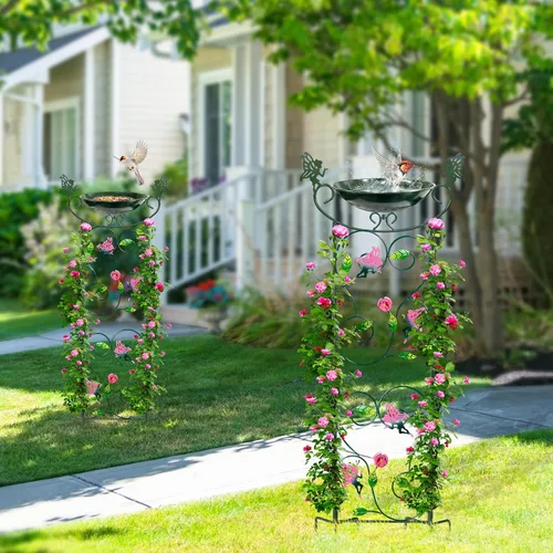 Vista 6 de HONGLAND Baño de metal para pájaros de 36.5 pulgadas con enrejado, baño para pájaros de jardín al aire libre con cuenco desmontable y soporte