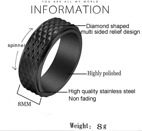 Vista 2 de Nanafast Anillo antiestrés de 0.315 in para hombre, anillo de diamante en relieve para hombres, anillos giratorios de acero inoxidable a la moda