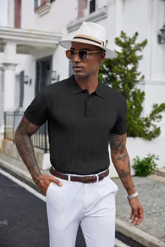 Vista 106 de COOFANDY Camisas polo de punto para hombre de manga corta con textura acanalada Camisas de golf casuales y ligeras con cuello Camiseta de polo