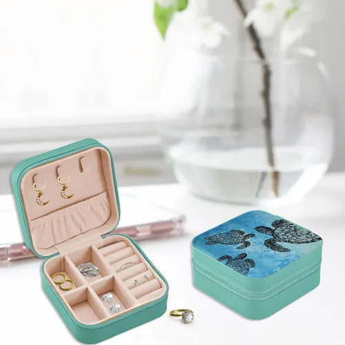 Vista 5 de WIRESTER Joyero de viaje de cuero a la moda, pequeño organizador de joyas portátil para anillos, aretes, collares, mujeres y niñas, tortuga marina