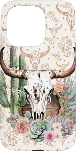 Vista 14 de Western Boho Chic Longhorn Bull Skull Cactus Beige Pattern Case for iPhone 17