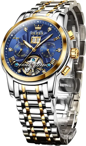 Vista 2 de OLEVS Relojes mecánicos automáticos para hombre, vestido de lujo, impermeable, cuerda automática, cronógrafo, de acero inoxidable, fecha luminosa