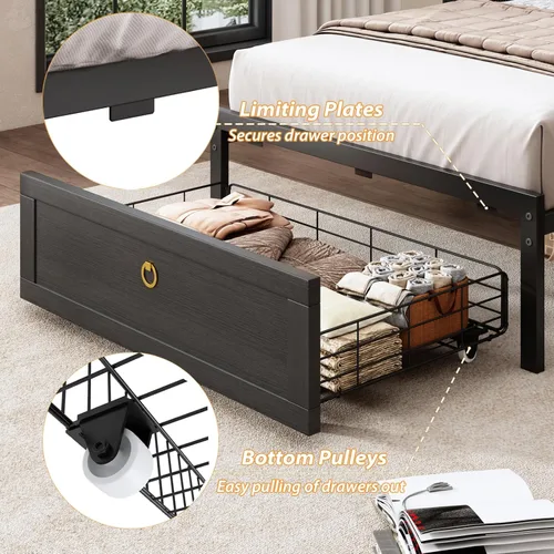 Vista 5 de TIGUBFRE - Base de cama individual con cabecera de almacenamiento, base de cama de madera estilo granja tamaño individual con 3 cajones, luz LED
