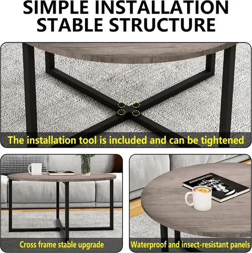 Vista 8 de HOMERECOMMEND - Mesa de centro redonda para sala de estar, color negro y gris Accent Center Table for Living Room Tea Desk with Black Metal Legs