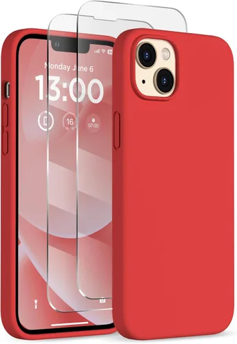 Vista 13 de Funda delgada para iPhone 13 de 6.1 pulgadas, silicona líquida a prueba de golpes, con forro de microfibra suave antiarañazos, 2 protectores