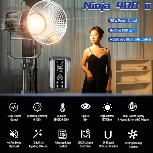 Vista 2 de Weeylite Ninja 400 II - Luz LED de video continua, 150 W, 2800-6800 K, montaje Bowens bicolor, iluminación continua, control de aplicación, luces