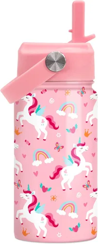 Vista 13 de SANDJEST Botella de Agua para Niños con Tapa de Pajita - 12 Oz Botella de Acero Inoxidable Aislada con Dibujo de Animales para Niños y Niñas - Taza
