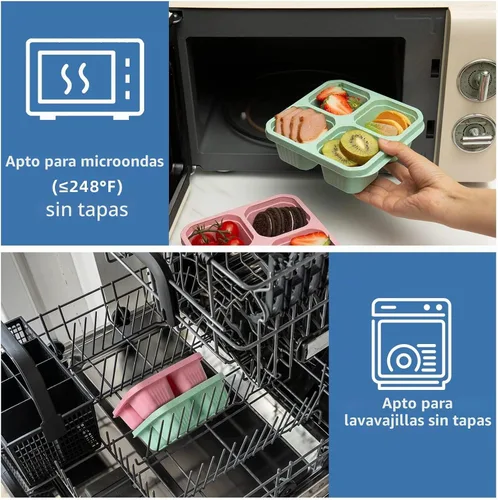 Vista 6 de Paquete de 4 Cajas Bento, 4 Compartimentos Contenedores de Snacks para Almuerzo con Tapas para Preparación de Comidas, Escuela, Viaje, Contenedores