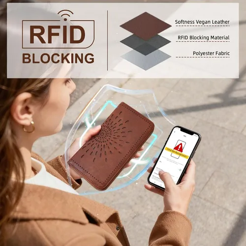 Vista 5 de APHISON Billetera para mujer, gran capacidad, monedero, tarjetero, RFID, pulsera, teléfono, cremallera, moneda, bolsillo de viaje
