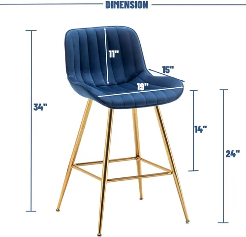 Vista 2 de Juego de 2 taburetes de bar de terciopelo con altura de asiento de 24 pulgadas, color azul