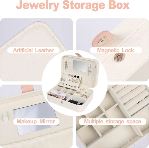 Vista 3 de Loscarol Joyero de viaje con espejo, soporte portátil de almacenamiento de joyas de viaje para mujeres y niñas, estuche organizador de joyas pequeño