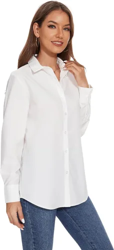 Vista 5 de YAMANMAN Camisas de vestir con botones para mujer, blusas de manga larga con cuello sin arrugas, blusas de trabajo sólidas Blanco