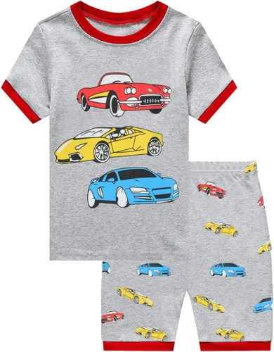 Vista 3 de Pijamas de algodón para niños pequeños, conjunto de 2 piezas con diseño de camión de bomberos, ropa de dormir de excavadora, ropa de verano