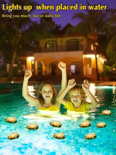 Vista 5 de Hortsun 9 luces flotantes de loto con pilas, almohadillas de lirio, flores de piscina, velas flotantes, decoración de plantas de estanque