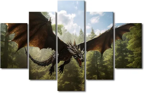 Vista 74 de Lienzo decorativo para pared de sala de estar, lienzo de dragón, 5 paneles, dragón verde, decoración de pared para el hogar, decoración de pared