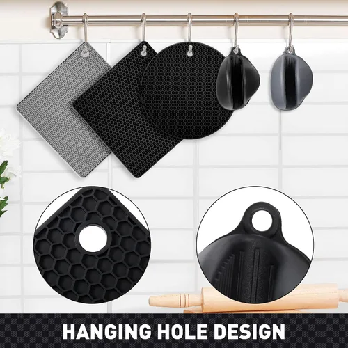 Vista 6 de Remagr Paquete de 12 salvamanteles de silicona con guantes de silicona para horno, soportes antideslizantes para ollas, resistentes al calor