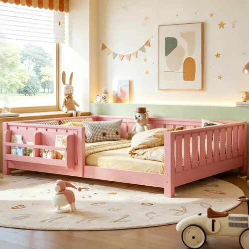 Vista 10 de Marco de cama Montessori Twin con estantería y barandillas, color beige
