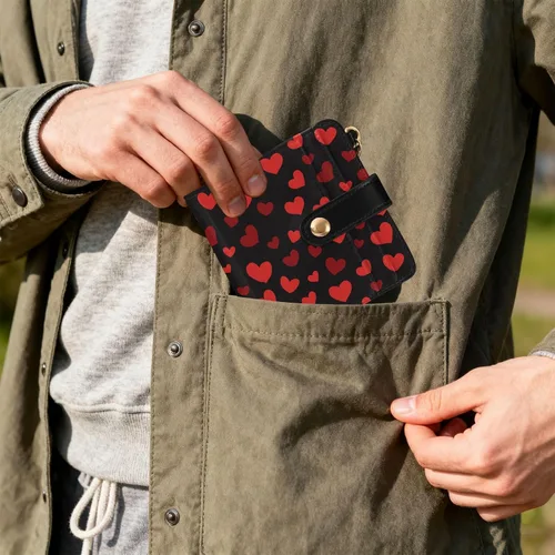 Vista 7 de Red Heart Black - Cartera para mujer, con bloqueo RFID, pequeña, delgada, tarjetero, plegable, compacta, de piel sintética, con bolsillo