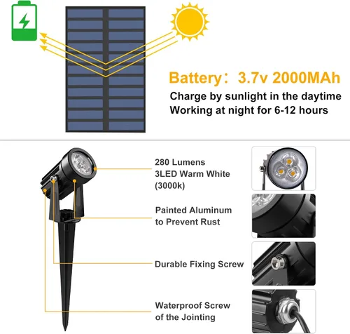 Vista 2 de Luces solares para exterior, focos de paisaje IP65 impermeables con cable de 3m, luces de pared para exterior con encendido y apagado automático