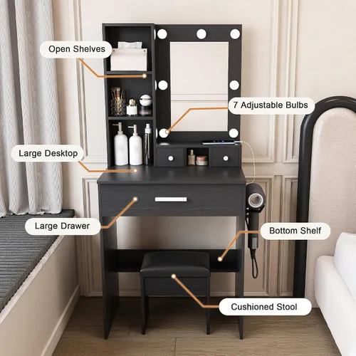 Vista 2 de Runboll Escritorio pequeño con espejo y luces, juego de mesa de tocador de maquillaje con toma de corriente, almacenamiento de cajones, taburete