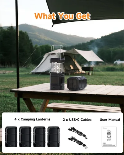 Vista 9 de Paquete de 4 faroles solares para campamento, linterna LED recargable con linterna, USB-C y funciona con energía solar, luces de emergencia