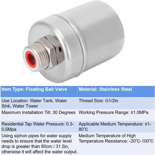 Vista 6 de Válvula de agua de rosca G1/2 pulgadas para tanque de acero inoxidable válvula de control automático de nivel de agua mini válvula de bola flotante
