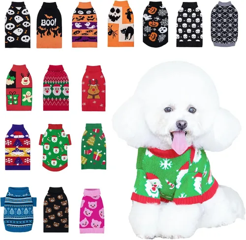 Vista 23 de CuteBone Suéter de calavera de Halloween para perros pequeños, cuello alto, ropa de invierno para mascotas, ropa de gato con agujero para arnés