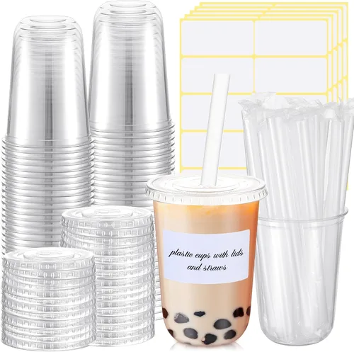 Vista 8 de Ziliny 25 juegos de vasos de plástico transparente con tapas, pajitas y pegatinas, vasos desechables de PET engrosado para café helado, té