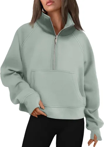 Vista 30 de AUTOMET Sudaderas con media cremallera para mujer, sudadera corta de vellón con cremallera de un cuarto, sudaderas con capucha para el otoño, a