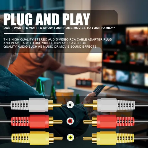 Vista 7 de Eanetf Cables RCA, cable 3RCA de audio y video chapado en oro de 24K que conecta componentes de audio y video, cable AV macho a macho