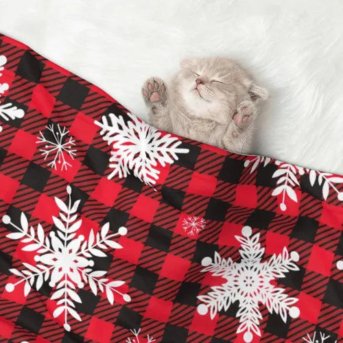 Vista 3 de Manta de felpa para mascotas, diseño de copos de nieve de Navidad, diseño de pata 3D, diseño de huellas de búfalo negro y rojo, manta suave