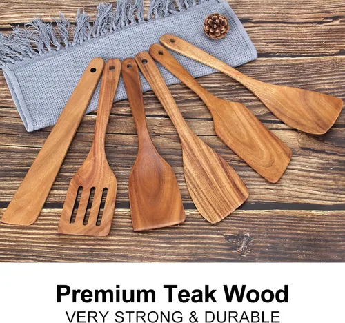 Vista 15 de Espátula de madera de acacia para cocinar cuchara no tóxica juego de 4 piezas