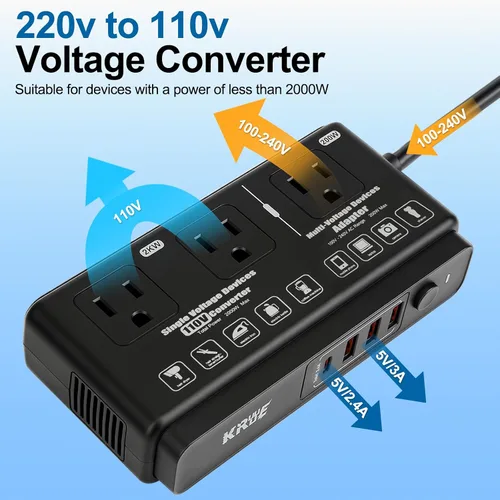 Vista 7 de 220v to 110v Travel Voltage Converter: International Universal Voltage Black Converter US to Europe Power Strip Plug Transformer - 2000W Electric