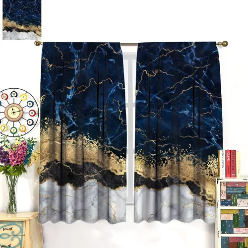 Vista 3 de Cortinas abstractas de mármol de lujo de lujo azul marino dorado a rayas con patrón de mármol estampado para dormitorio, sala de estar, cortinas