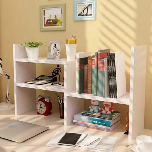 Vista 5 de Estantería de escritorio expandible y estante organizador de escritorio, organizador de almacenamiento de mesa de madera con estantes, estante