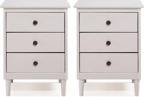 Vista 14 de Walker Edison Myron Modern - Juego de 2 mesitas de noche de madera maciza de 3 cajones, 2 unidades, color caramelo Blanco