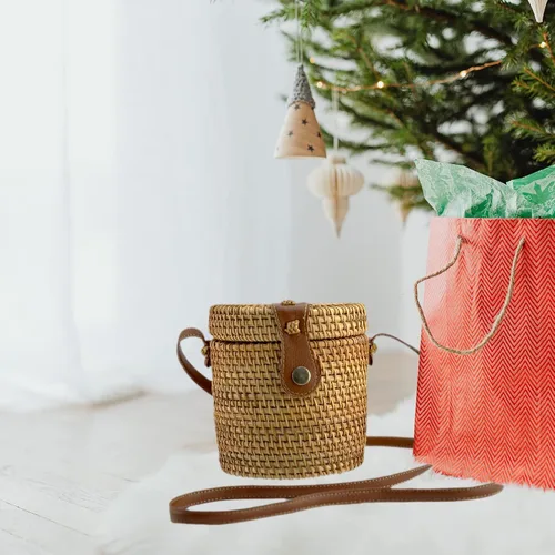 Vista 3 de Bolsa de ratán, bolsa de playa para mujer, bolso bohemio tejido a mano con correas de cuero, Marrón
