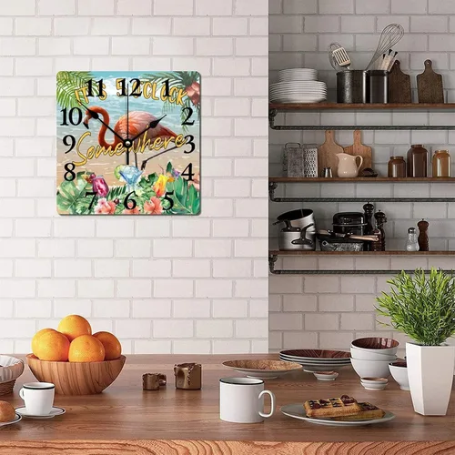 Vista 4 de Reloj de pared de madera con texto en inglés "It's Five O'clock Somewhere Flamingo with Big Numbers", reloj de pared cuadrado, estilo estético