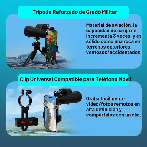 Vista 8 de BIJIA Telescopio monocular ED de 12 x 52 con trípode y adaptador de teléfono, prisma BAK4, lente totalmente multicapa, alcance impermeable de alta