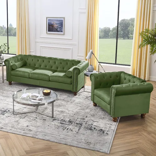 Vista 15 de Juego de 2 piezas Air Leather Chesterfield para sala de estar, sofá y silla Marrón
