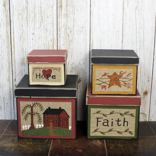 Vista 4 de CVHOMEDECO. Square Primitives - Juego de 4 cajas de cartón coleccionables vintage Hope Faith Star House (8 x 8 x 7 pulgadas de alto)