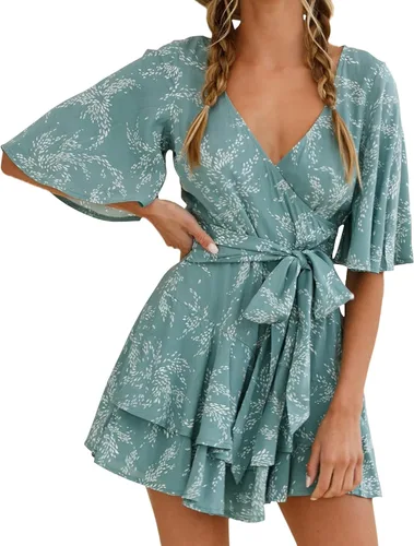 Vista 4 de Relipop Enterizo de verano para mujer, diseño floral, cuello en V, manga corta, cintura con nudo y dobladillo con volantes, overol corto casual