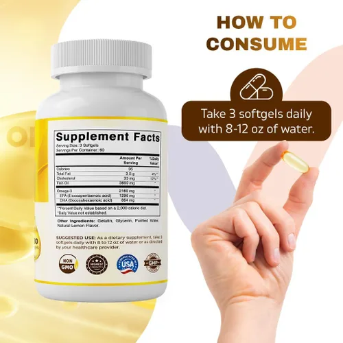 Vista 3 de Vitamatic Aceite de pescado Omega 3 de triple fuerza, 3600 mg por porción, 2160 mg de ácidos grasos Omega 3, 1296 mg de EPA + 864 mg de DHA, sabor a