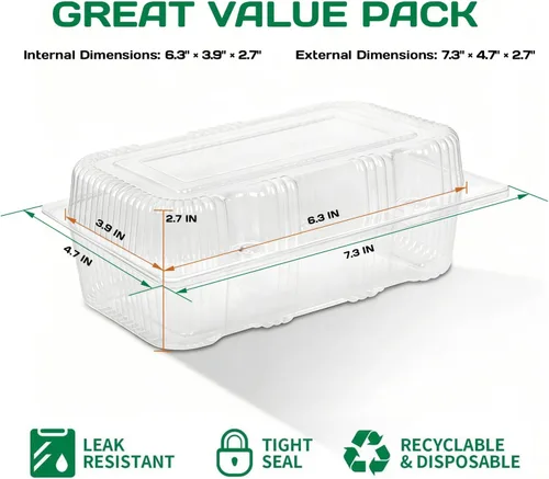 Vista 4 de Kaderron Contenedor de plástico desechable con bisagras – 70 recipientes de alimentos transparentes con forma de almeja, tamaño interno de 6.3